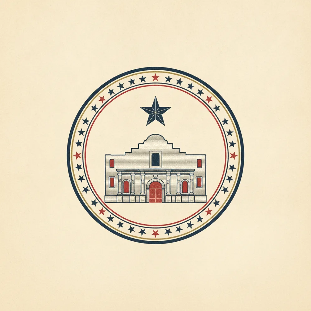 Engraved Lone Star emblem above the Alamo mission